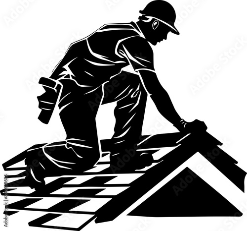 Silhouette of Roofer Working on House Roof