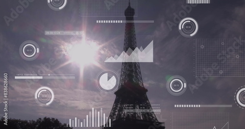 Image of financial data processing over paris cityscape