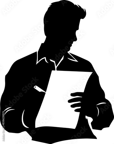 Silhouette of a Man Reading a Document with a Pen