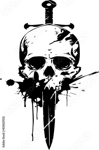 Illustrated Skull with Sword and Ink Splatter Design