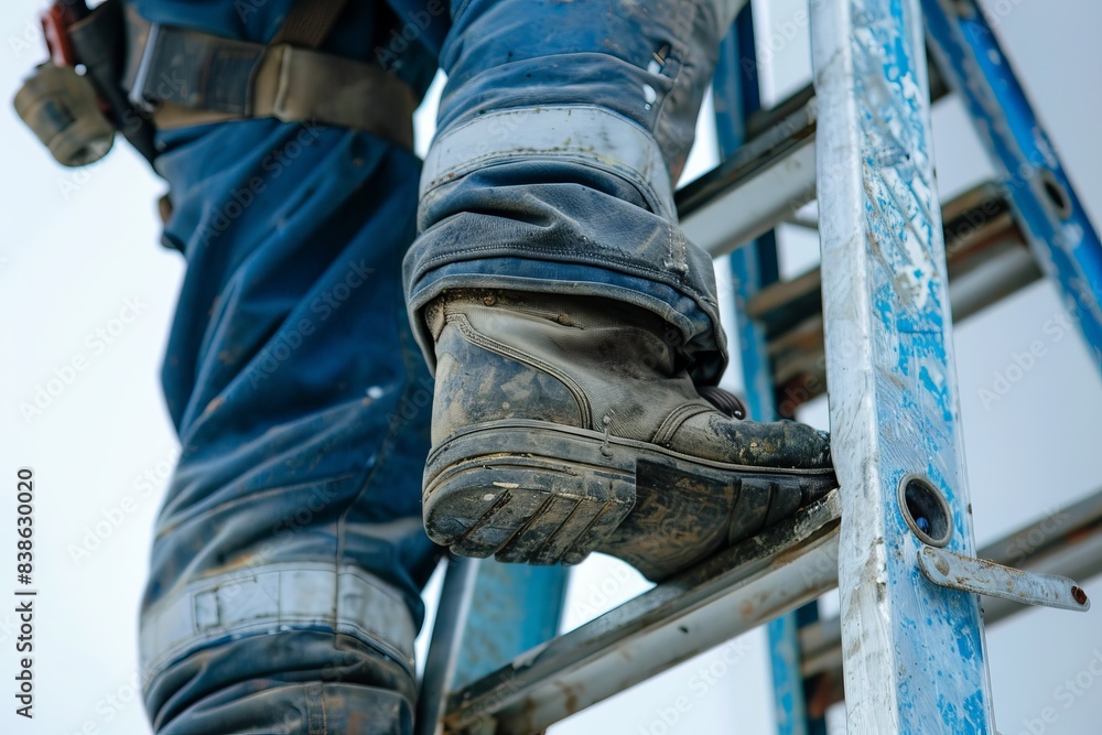 Worker climbing ladder in protective boots Worker climbing ladder in protective boots
