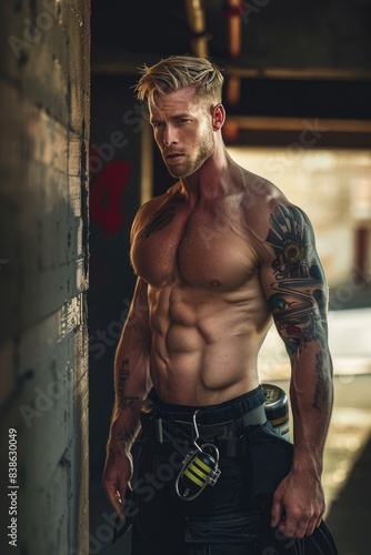 A tattooed firefighter showing athletic abs  muscle arms and muscle chest