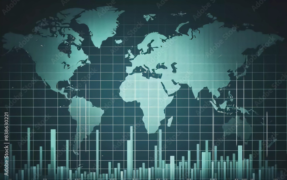 
financial market analytics graph on a world map background, scale of pieces and stock markets which is very exciting