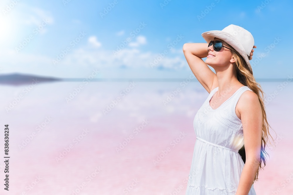 Beautiful view of resort and happy young woman Beautiful view of resort and happy young woman