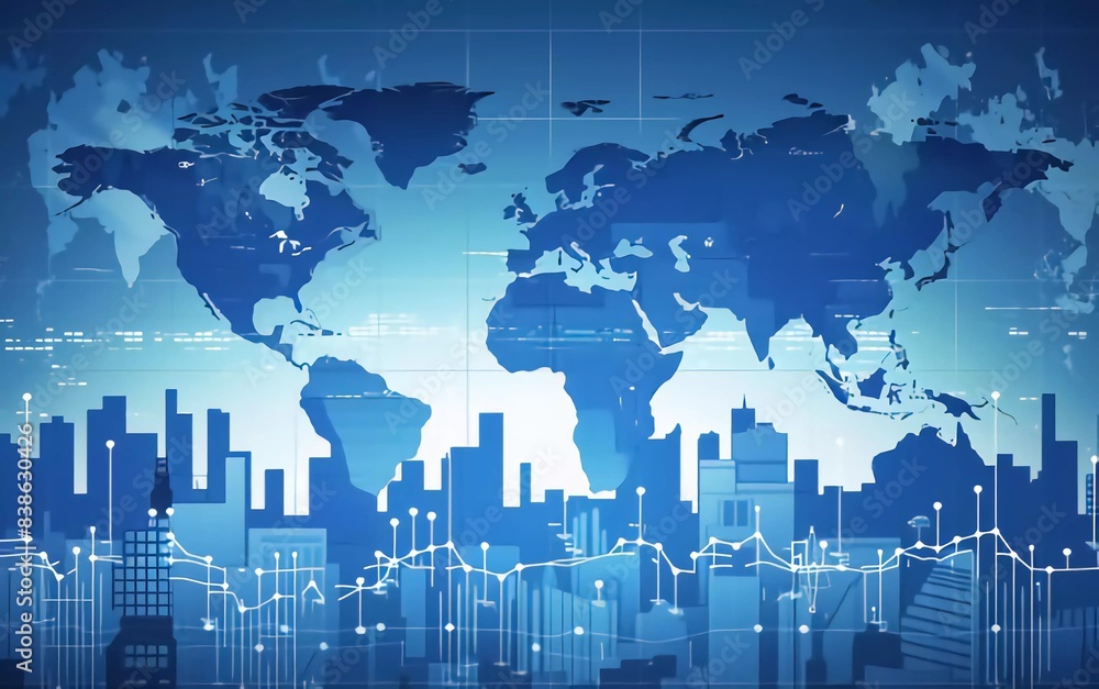 
financial market analytics graph on a world map background, scale of pieces and stock markets which is very exciting