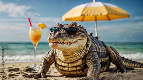 a large alligator lounging on a beach. The alligator is wearing sunglasses and has a drink with an orange slice in it photo