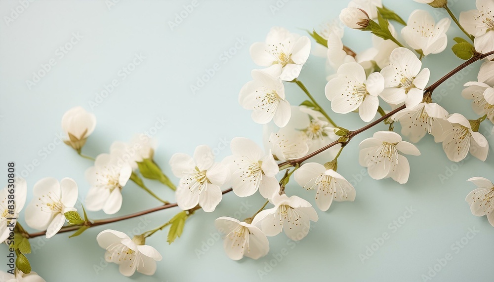Delicate white flowers on thin branches against soft blue background Delicate white flowers on thin branches against soft blue background
