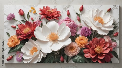 A lavishly floral triptych displays vibrant flowers in full bloom against a soft marble background.