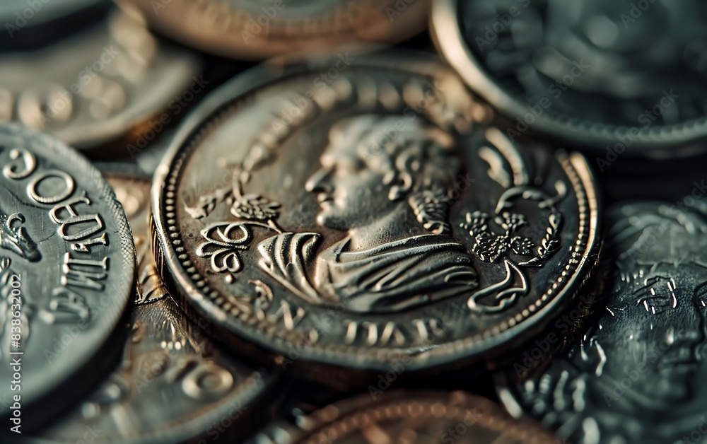 Detailed view of coins with crisp engravings Detailed view of coins with crisp engravings