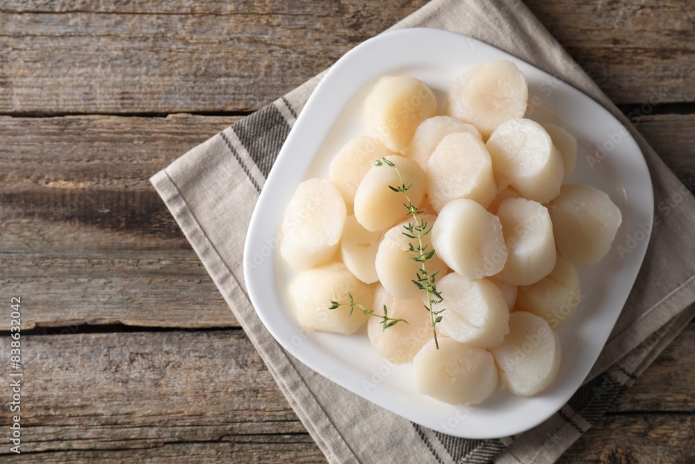 Fresh raw scallops and thyme on wooden table, top view. Space for text Fresh raw scallops and thyme on wooden table, top view. Space for text