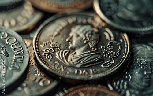 Detailed view of coins with crisp engravings