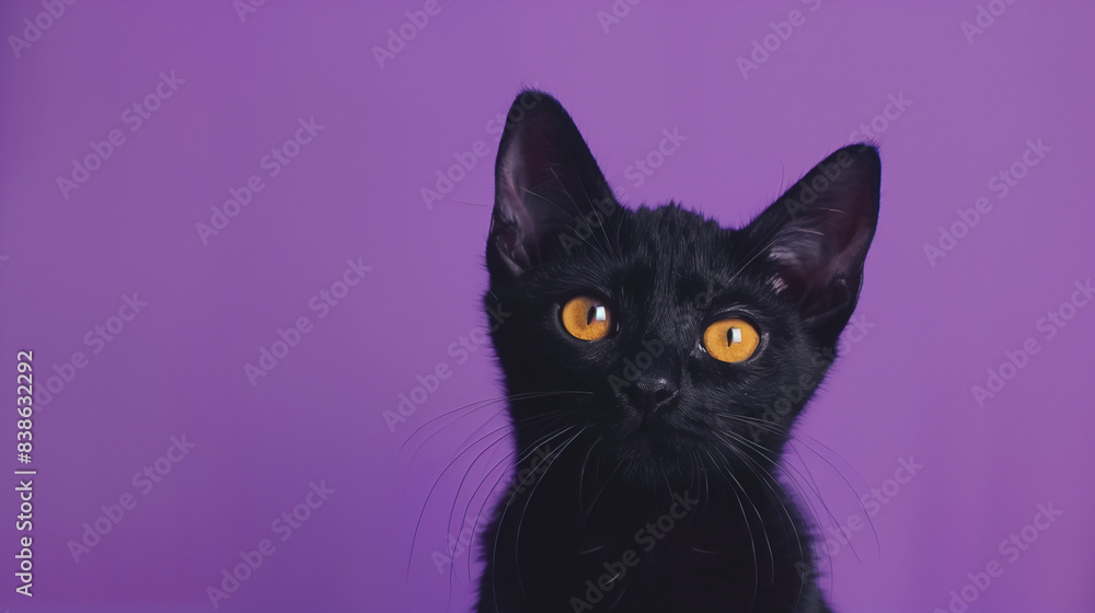 Close-Up of a Black Cat with Glowing Eyes on a Solid Purple Background Close-Up of a Black Cat with Glowing Eyes on a Solid Purple Background