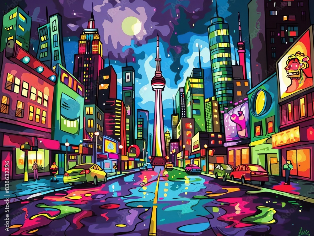 Craft a captivating oil painting capturing the vibrancy of a bustling metropolis at night, showcasing a panoramic view at eye level with twinkling lights and vibrant street scenes Craft a captivating oil painting capturing the vibrancy of a bustling metropolis at night, showcasing a panoramic view at eye level with twinkling lights and vibrant street scenes