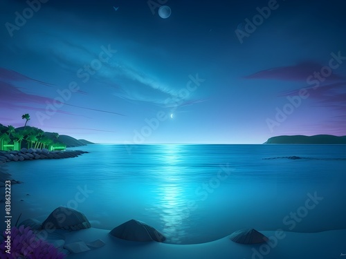 Moonlit Serenity with Neon and Stars photo