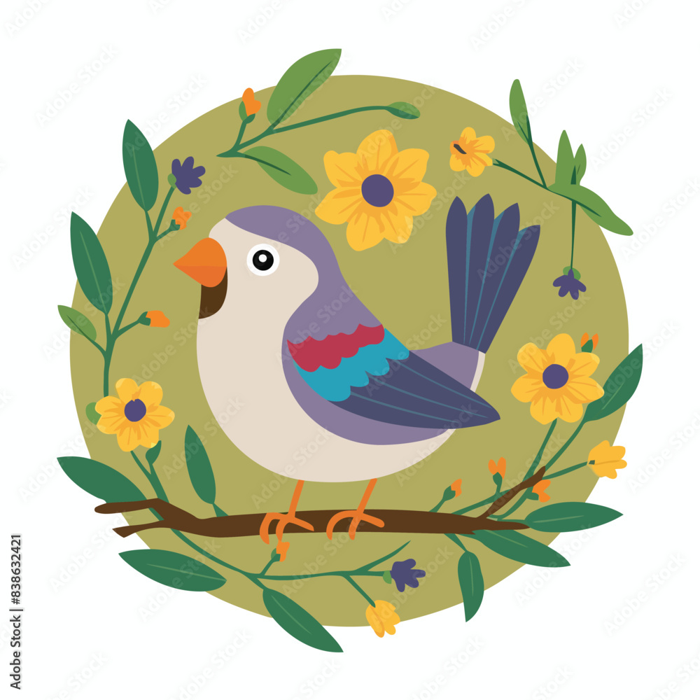 Spring bird. Beautiful birdie sits on branch. Colored flat vector illustration isolated on white background. Spring bird. Beautiful birdie sits on branch. Colored flat vector illustration isolated on white background.