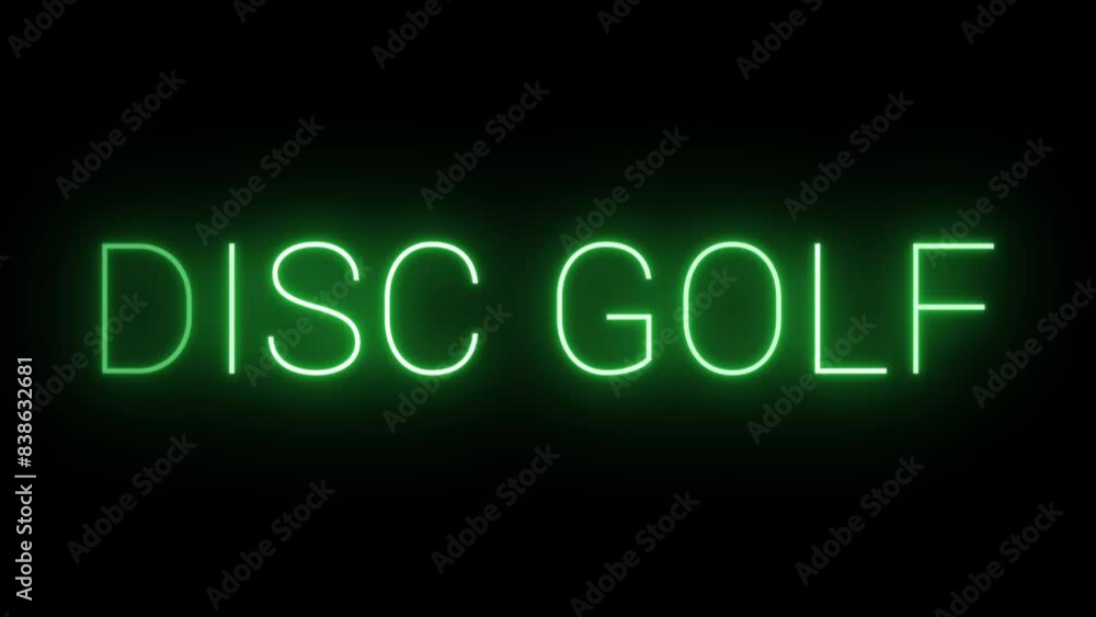 Flickering neon green Disc Golf sign animated on black background. Flickering neon green Disc Golf sign animated on black background.