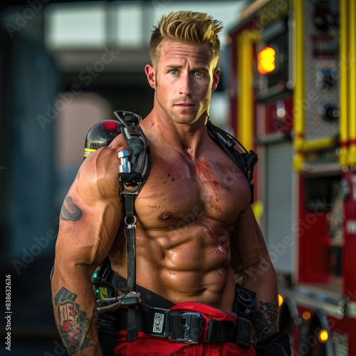 A tattooed firefighter show...