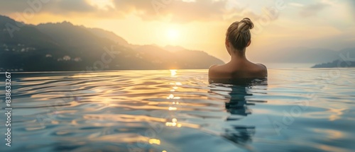 A woman enjoying a peaceful moment while swimming in an infinity pool at sunset  surrounded by mountains and a serene landscape.