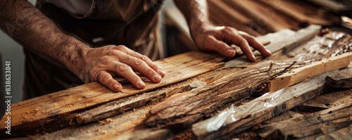 Close-up of a carpenter's hands working on a piece of wood in a workshop, showcasing craftsmanship and attention to detail. © narak0rn