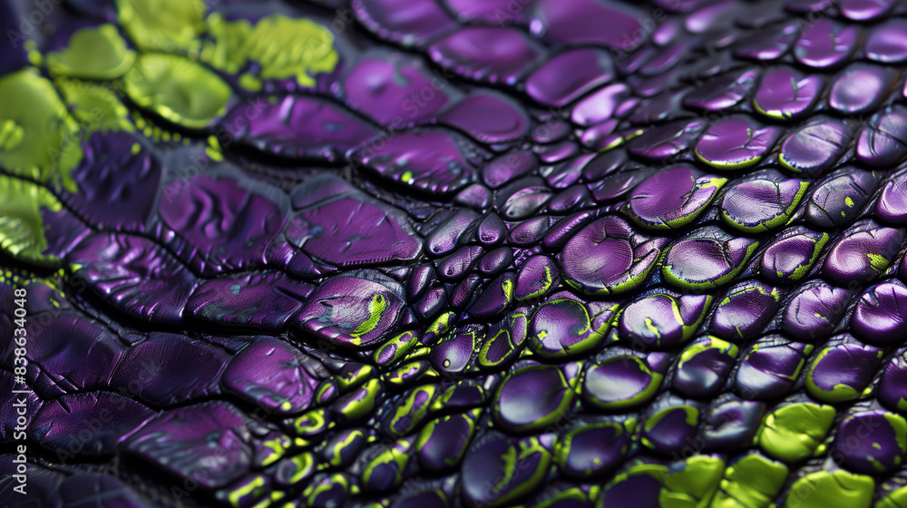 Fototapeta premium Purple and green reptile or snake skin texture. Beautiful animal skin background. 