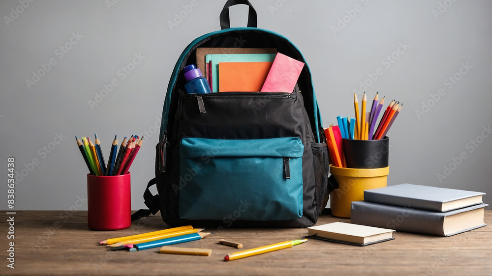 backpack with different colorful stationery on table backpack with different colorful stationery on table