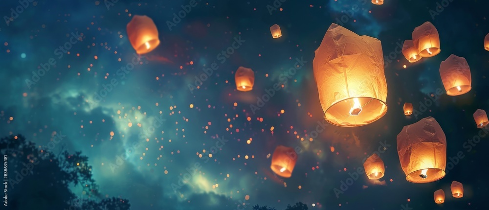 Floating lanterns soar into the night sky, illuminated against a starry backdrop, creating a magical and serene atmosphere.