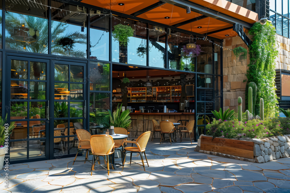 Naklejka premium Elegant outdoor cafe with modern design, ample seating, lush greenery, and abundant natural light