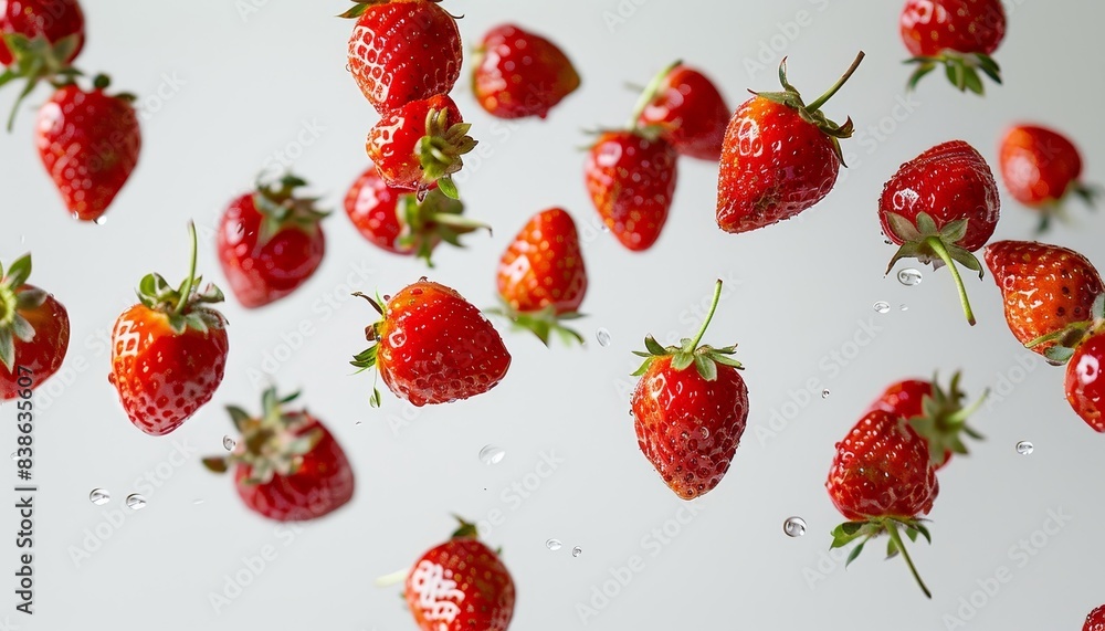 Fresh strawberries floating in mid-air, highlighting their vibrant red color and luscious texture against a clean, white background. Fresh strawberries floating in mid-air, highlighting their vibrant red color and luscious texture against a clean, white background.