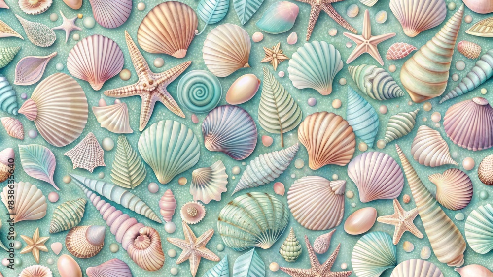 Elegant, intricate seashell designs in soothing pastel hues form a mesmerizing seamless pattern, ideal for decorative surfaces, accessories, and stationery. Elegant, intricate seashell designs in soothing pastel hues form a mesmerizing seamless pattern, ideal for decorative surfaces, accessories, and stationery.
