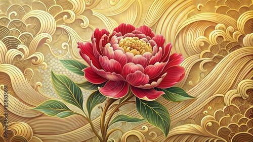 Fototapeta Naklejka Na Ścianę i Meble -  Intricate chinese-inspired illustration featuring a majestic peony flower amidst hand-drawn waves in a vintage style, set against a luxurious gold-textured background.