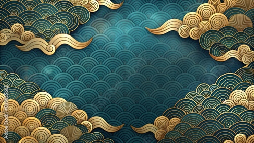 Elegant chinese background design featuring a modern oriental wave pattern with gold and blue clouds on a subtle watercolor texture, perfect for asian-inspired abstract card designs. photo