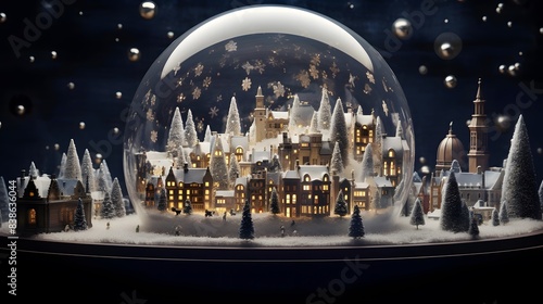 Snow globe with christmas village. 3d illustration. 3d rendering