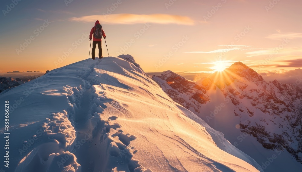Hiker standing on snowy mountain peak at sunset, enjoying breathtaking winter landscape and golden sky.