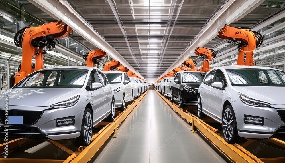 Fototapeta premium Efficient Factory Assembly Line Producing Modern Cars in High Volume