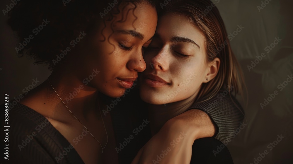 Intimate, tender moment between two people sharing a close embrace, conveying affection, connection, and love in a soft, warm light.