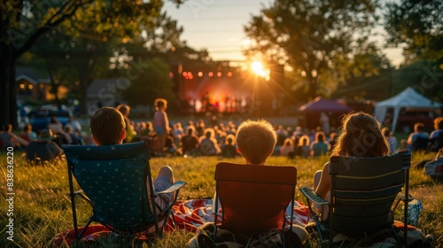 Families and friends enjoying an outdoor concert on a warm evening, with the sun setting behind the stage photo