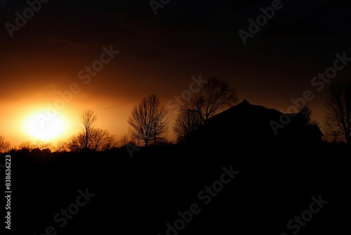 Silhouette of country house with trees