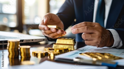 A financial advisor discussing gold investment options with a client, showcasing physical gold bars as a tangible asset.