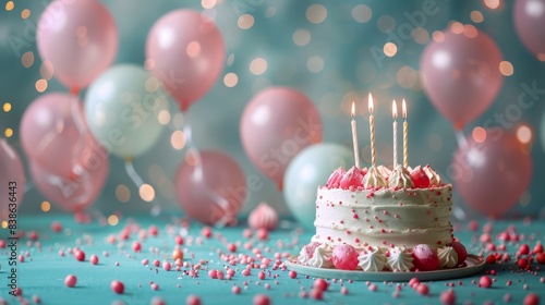 An elegant birthday cake with strawberries and delicate piping  amidst a glittering celebration setting