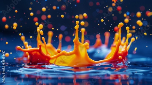 A dynamic splash of yellow and orange paint seems to explode outward, with droplets caught in mid-air on a deep blue background photo