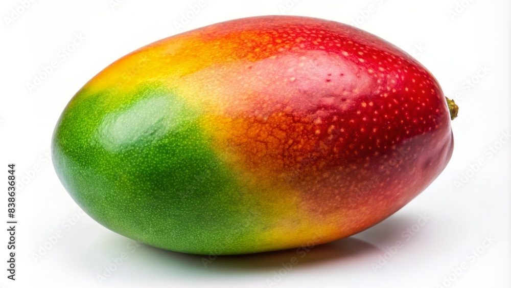 A vibrant solo ripe mango showcasing a mesmerizing gradient of emerald green, sunshine yellow, and fiery red hues against a pristine white backdrop. A vibrant solo ripe mango showcasing a mesmerizing gradient of emerald green, sunshine yellow, and fiery red hues against a pristine white backdrop.