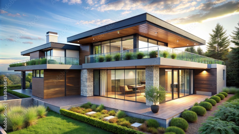 Modern architectural cad design illustrating a luxurious residence with expansive windows, sleek lines, and sustainable green roof, set against a clean white background. Modern architectural cad design illustrating a luxurious residence with expansive windows, sleek lines, and sustainable green roof, set against a clean white background.