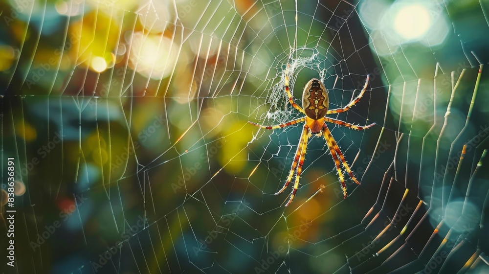 A golden silk orb-weaver spider perched on its intricate web, patiently awaiting its next meal in the tranquil forest A golden silk orb-weaver spider perched on its intricate web, patiently awaiting its next meal in the tranquil forest