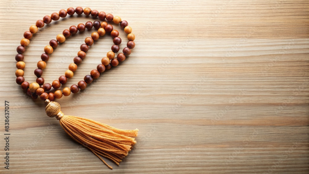 A serene, empty, and minimalist background showcases a solitary string of beads with a tassel, evoking a sense of spiritual contemplation and reverence. A serene, empty, and minimalist background showcases a solitary string of beads with a tassel, evoking a sense of spiritual contemplation and reverence.