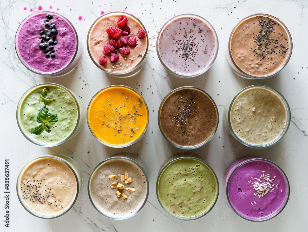 photo taken by a food blogger: on the white table there are smoothies - different types, all of them are made of pea protein and fruit, so they have a faded and low-intensity color photo taken by a food blogger: on the white table there are smoothies - different types, all of them are made of pea protein and fruit, so they have a faded and low-intensity color