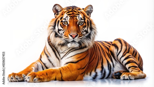 A fierce and majestic tiger, with vibrant orange and black stripes, sits regally alone against a pure white background, exuding power and elegance. photo