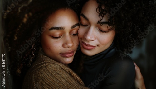 Two women embracing in a warm, intimate hug, eyes closed, conveying love, trust, and deep emotional connection in a serene setting.