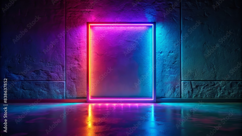 Darkness enfolds a solitary neon frame, radiant with vibrant hues, casting an eerie glow in an otherwise dimly lit, isolated, and atmospheric room. Darkness enfolds a solitary neon frame, radiant with vibrant hues, casting an eerie glow in an otherwise dimly lit, isolated, and atmospheric room.