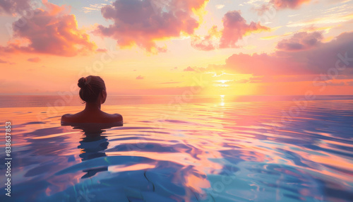 Woman enjoying a serene sunset view while relaxing in a calm infinity pool, reflecting the vibrant colors of the sky. © narak0rn