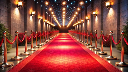 Luxurious red carpet stretches elegantly, flanked by rows of glowing lights, creating a prestigious ambiance perfect for upscale events and high-end gatherings.